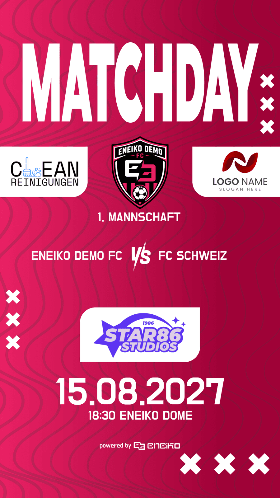 Spielvorschau von Eneiko: Paarung, Anpfiff und Ort, darüber und darunter die Logos der gebuchten Sponsoren.