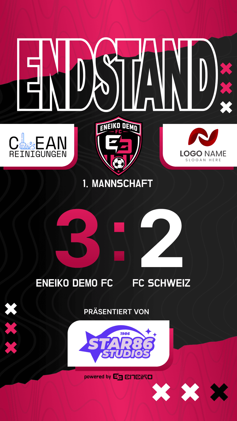Endstandgrafik von Eneiko mit Schlussresultat und den Logos der gebuchten Sponsoren.