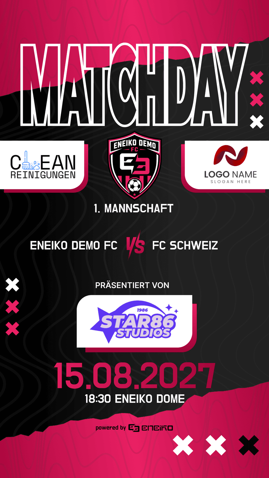 Spielvorschau von Eneiko mit Paarung, Datum, Anpfiff und den Logos der gebuchten Sponsoren.